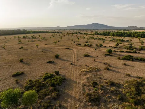 Vue aérienne de la plaine sèche de la Crau
