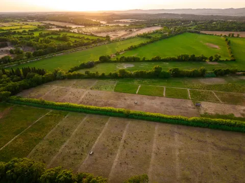 Vue aérienne des parcelles agricoles au coucher du soleil