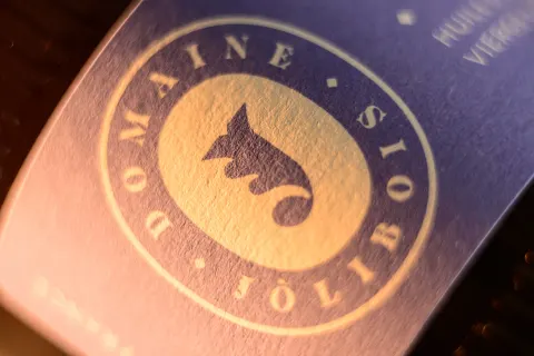Détail du logo Domaine Jòlibois sur une bouteille
