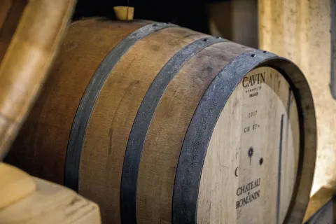 Fût de chêne dans un chai de vin