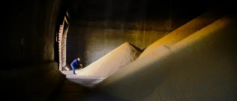 Un homme dans un hangar devant une montagne de riz